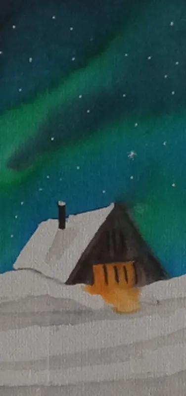 Watercolor picture of house in snow with aurora borealis behind.