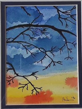 Watercolor picture of tree with sunset behind.