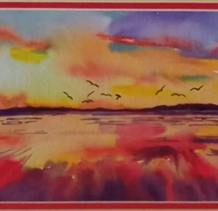 Watercolor picture of river with sunrise behind.